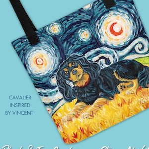 Cavalier King Charles Spaniel (preto e castanho) - Bolsa Tote - Presente para amantes de cães - Cavalier Art Inspirado em Van Gogh