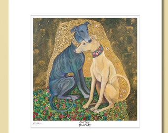 May include: A matted art print titled "Greyhound Kiss" featuring two greyhounds. One is blue, the other is cream-colored, with a decorative collar. The background has gold accents and the text "A BEAUTIFUL TRIBUTE TO ALL GREYHOUNDS".
