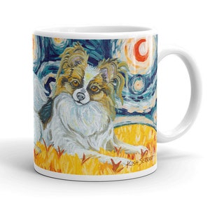 Papillon, chien, tasse à café, cadeau personnalisé, cadeau pour amoureux des chiens, Van Gogh, chien de nuit étoilée