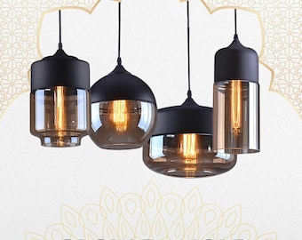 Hanglamp van gerookt bruin glas, kristallen bollamp, verlichtingsarmaturen