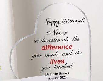 Custom Difference Maker Acrylic Plaque, Personalized Heart Acrylic Plaque, Thank You Gift, Coworker Gift, Retirement Gift, Leaving Gift