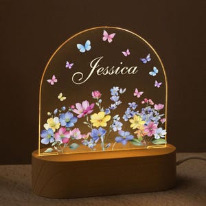 Custom Floral Butterfly Name Night Light, Bedroom Bedside Light, Flower Garden Night Lamp, Personalized Baby Girl Light, Nursery Light Decor
