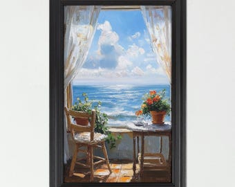 Open Window Coastal Wall Art, Vertical Seaside View Canvas Print, Framed Home Decor, Rustic Scenic Wall Decor, Picture to Canvas