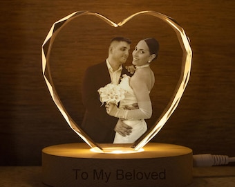 Personalized Heart 3D Crystal Night Light, Custom Couple Photo Portrait LED, Portrait in Crystal, Anniversary Gift, Light up Crystal Photo