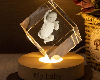 Personalized 3D Crystal Night Light, Custom Photo LED, Portrait in Crystal, Anniversary Gift, Light up Crystal Photo, Family, Couple, Baby