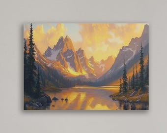 Nature Landscape Wall Art, Sunset Mountain Canvas Print, Gold Forest Wall Decor, Oil Painting Artwork, Living Room Decor, Picture to Canvas