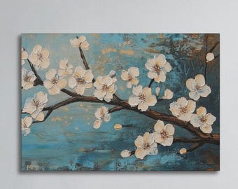 Flower Wall Art with Frame,White Nature Floral Canvas Print,Oil Painting Picture to Canvas,Modern Elegant Artwork for Living Room,Home Decor