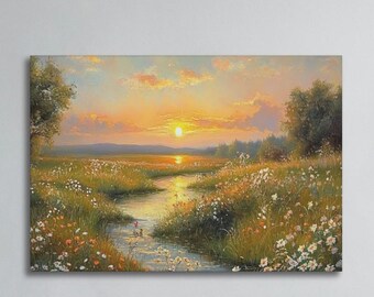 Landscape Wall Art, Framed Oil Painting Canvas Print, Sun Wildflowers Creak, Warm Pastel Sky, Nature Picture Wall Artwork, Living Room Decor