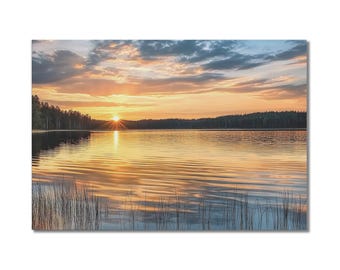 Sunset Lakeside Wall Art,Warm Pastel Sky, Nature Landscape Canvas Print,Peaceful Lake Surface Wall Decor,Living Room Decor,Picture to Canvas