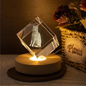 May include: A clear crystal cube with a 3D image of a cat, illuminated by a warm light from a wooden base. The cat is depicted in a seated position. The base is approximately 3 inches in diameter.