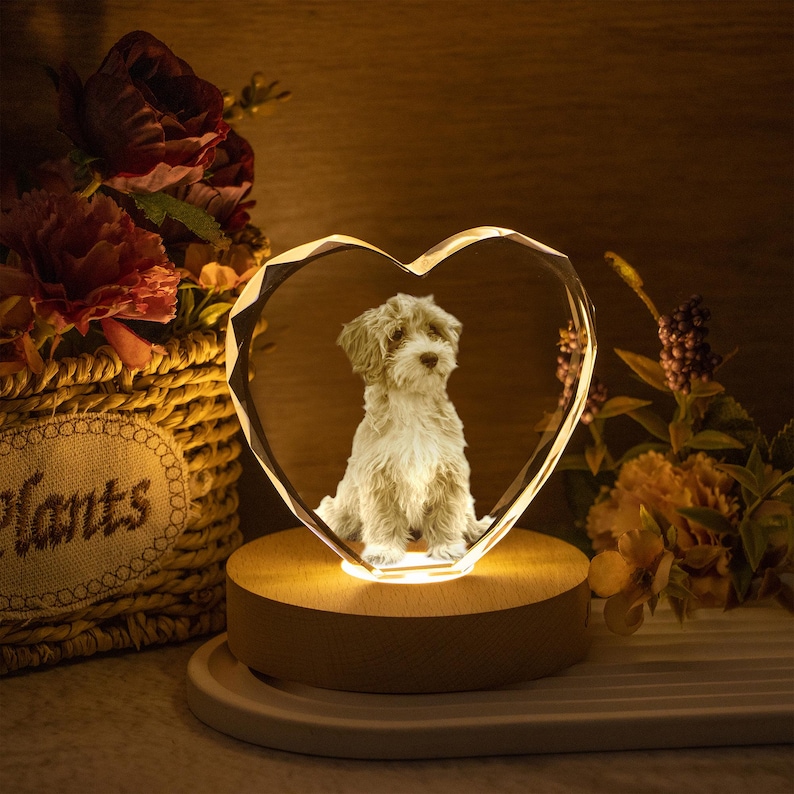 May include: A crystal heart-shaped sculpture with a 3D image of a small dog. The sculpture sits on a round wooden base that is illuminated from within. The dog is light brown and white. Decorative flowers are in the background.