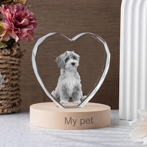 May include: A clear crystal heart-shaped ornament with a photo of a small, gray and white dog inside. The ornament sits on a round, light-colored wooden base with the words "My pet" engraved on it. The background includes flowers and a white decorative element.