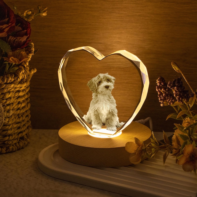 May include: A heart-shaped crystal light with a 3D image of a small dog inside. The crystal heart sits on a wooden base, illuminated with a warm glow. The dog is light brown and white.
