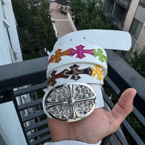 White Multicolored Cross Belt – Chrome Buckle | Y2K Alt Streetwear Accessory Unisex