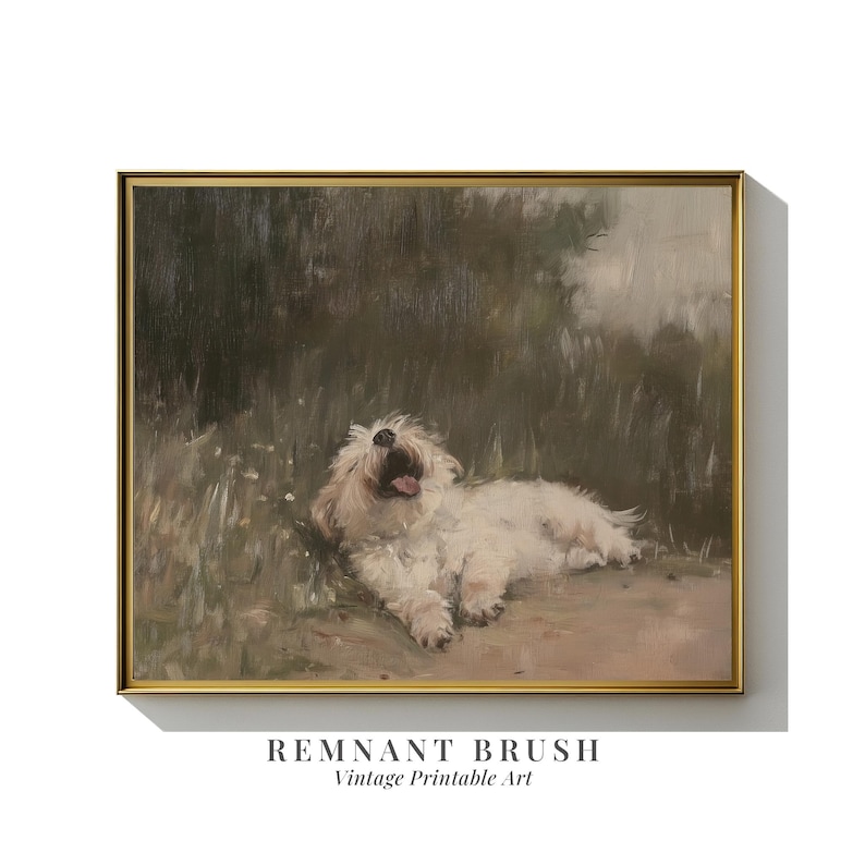 Vintage hund i fält konsttryck | Husdjursporträttmålning UTSKRIVBAR Beige väggkonst Cottagecore-dekor bondgårdstryck digital nedladdning bild 2