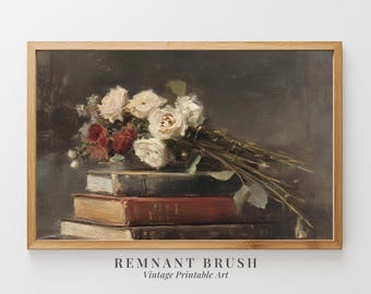 Vintage Still Life PRINTABLE | Dark Academia Floral Art, Antique Books & Roses, Moody Wall Art, Victorian Decor, Digital Download