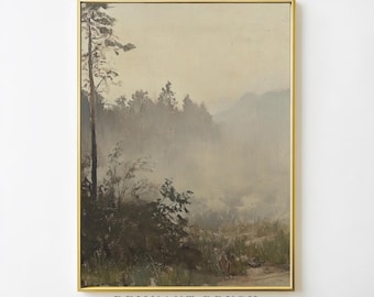 Misty Forest Landscape | Moody Nature Art Print Vintage Oil Painting PRINTABLE Rustic Country Decor Woodland Wall Art Digital Download