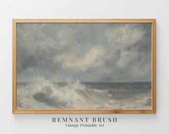Vintage Stormy Sea Painting | Moody Nautical Art Print PRINTABLE Ocean Wave Seascape Old World Decor Digital Download