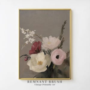 Vintage Floral Still Life Print | Moody Wall Art Botanical Artwork PRINTABLE Pink White Red Flowers Muted Neutral Decor Digital Download