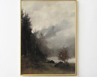 Vintage Lakeside Mountain Art Print | Moody Landscape PRINTABLE Nature Wall Art Rustic Autumn Decor Lake Scenery Digital Download