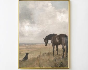 Vintage Pferd & Hund Landschaft Kunstdruck | Moody rustikale DRUCKBARE Natur Wand Kunst Cottagecore Dekor Digital Download Kunstwerk
