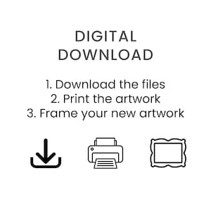 K&ouml;nnte beinhalten: Anleitung zum digitalen Download mit Symbolen zum Herunterladen, Drucken und Einrahmen von Kunstwerken.