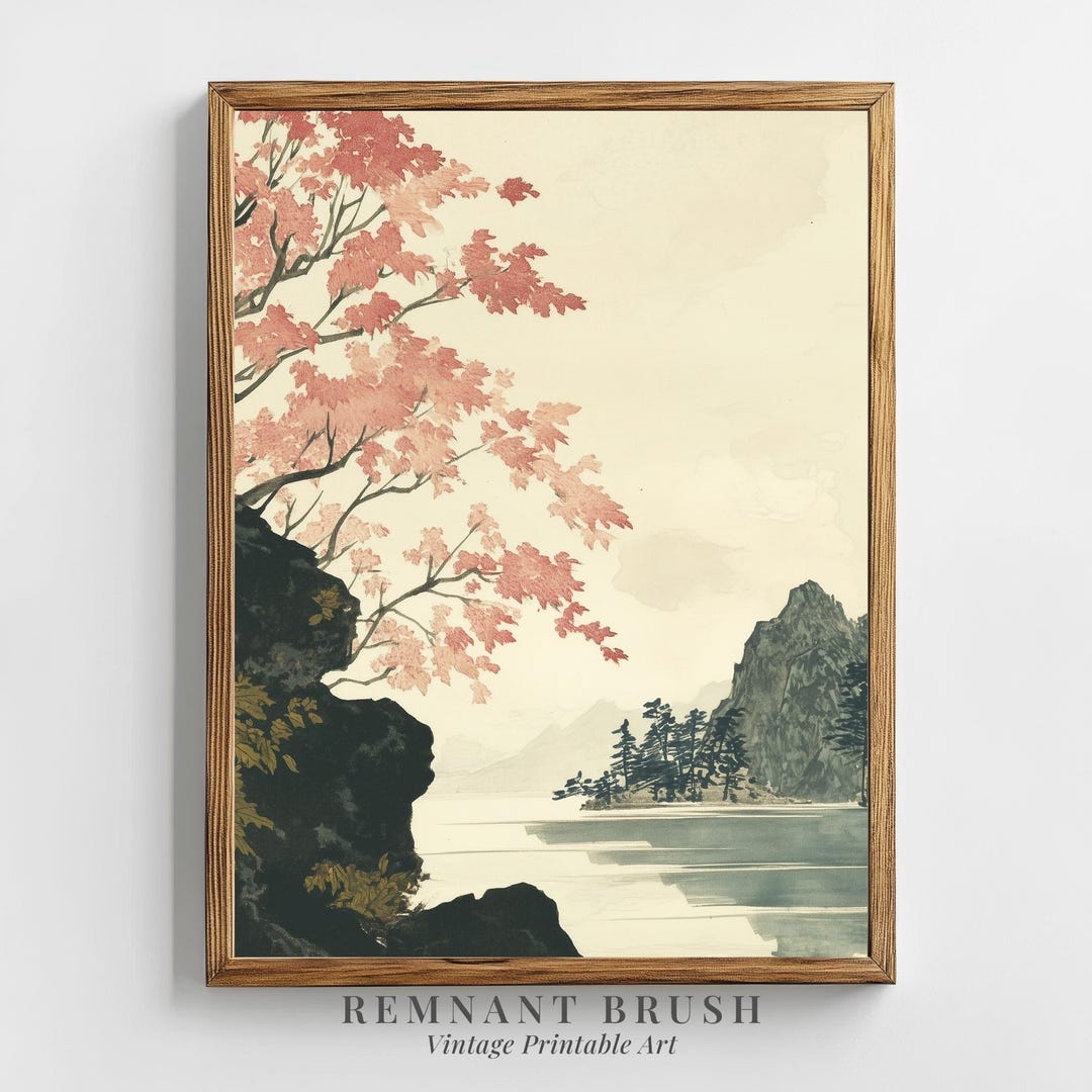 Vintage Japanese Tree Lake Print | Pink Landscape Wall Art PRINTABLE ...