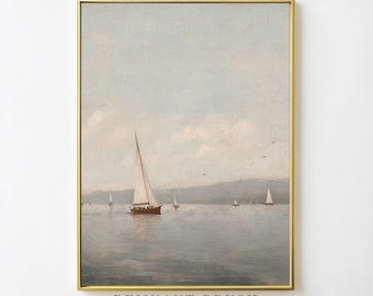 Vintage Sailboat Painting Print | Moody Coastal Seascape Wall Art PRINTABLE Nautical Decor Muted Artwork Blue Gray Decor Digital Download