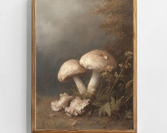 Vintage Mushroom Art Print | Botanical Wall Art PRINTABLE Nature Painting Cottagecore Decor Moody Woodland Fungi Digital Download Artwork