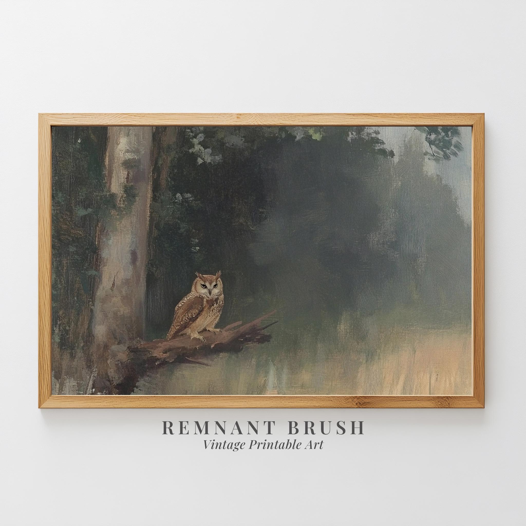 Vintage Owl in Forest Art Print | Moody Wildlife PRINTABLE Nature Wall Art Rustic Woodland Decor Dig