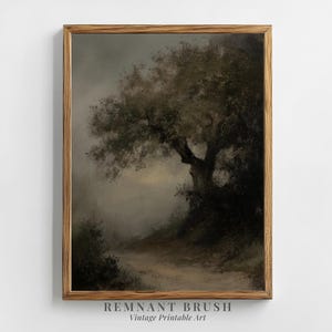 May include: A vintage painting of a large tree with a path leading through a foggy forest. The painting is framed in a dark wood frame.