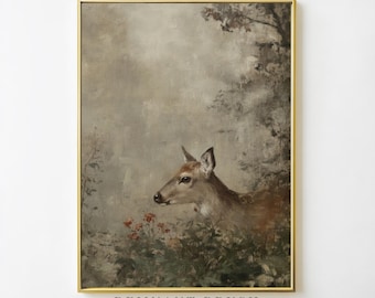 Vintage Deer Art PRINTABLE | Woodland Wildlife Wall Art Rustic Nature Print Digital Download Moody Cottagecore Home Decor
