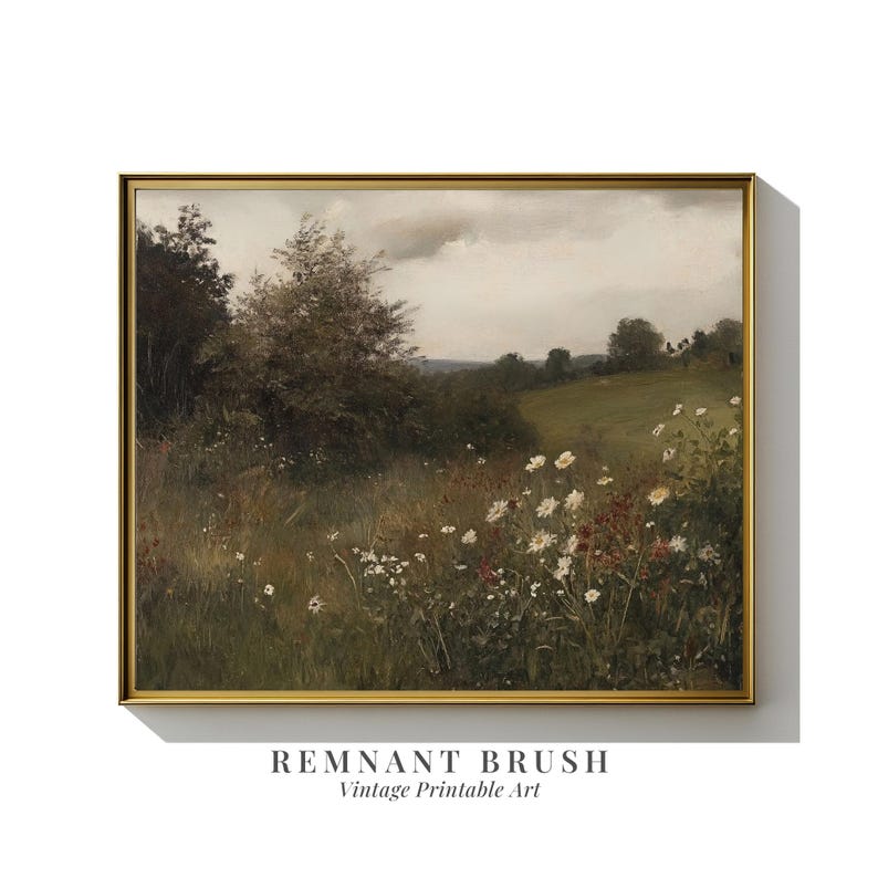 May include: A framed vintage landscape painting featuring a field of wildflowers in a meadow. The artwork has a gold frame and a cloudy sky. The text "REMANT BRUSH Vintage Printable Art" is at the bottom.