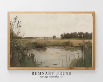 Vintage Pond Landscape Art Print | Serene Nature Wall Art PRINTABLE Moody Painting Rustic Decor Lake House Digital Download Artwork