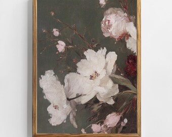 Vintage Peony Blossom Floral Print | Dark Botanical Still Life Wall Art PRINTABLE Moody Spring Decor White Pink Flowers Digital Download