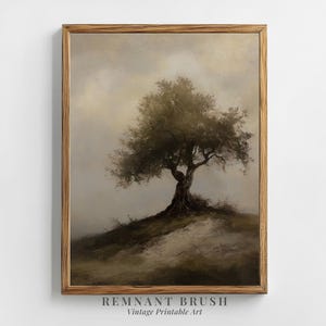Lone Tree on Hill Vintage Art | Moody Printable Landscape Rustic Nature Scene Wall Decor Minimalist Country Artwork Digital Download