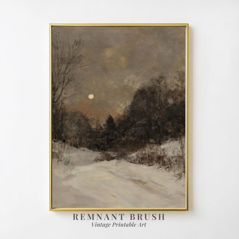 May include: A vintage painting of a snowy landscape with a full moon in the sky. The trees are bare and the snow is white. The painting is framed in gold.