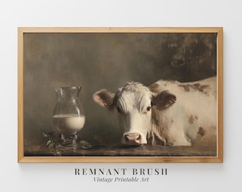 May include: A vintage painting of a white cow with brown spots lying down. The cow is looking at the viewer with its head resting on a wooden surface. A glass pitcher filled with white liquid sits on the surface in front of the cow.
