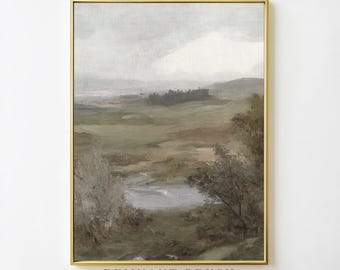Pintura de campo enevoado | Paisagem de colinas vintage IMPRIMÍVEL Arte da natureza rústica Decoração de parede temperamental Download digital