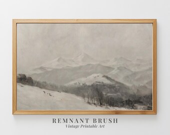Vintage Snowy Mountain Art Print | Winter Landscape PRINTABLE Nature Wall Art Moody Cottagecore Decor Digital Download Artwork