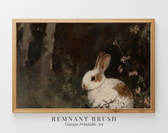 Vintage Woodland Rabbit Painting | Rustic Animal PRINTABLE Wall Art, Moody Nature Decor, Dark Cottagecore Digital Download