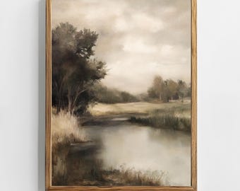 Vintage Flussufer Landschaft Druck | Stimmungsvolle druckbare Naturkunst rustikale Feldszene Wanddekor Digitales Landkunstwerk Download
