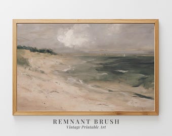 Seaside Shore with Sailboat Painting | Vintage Print Coastal Landscape PRINTABLE Moody Wall Art Nautical Scene Digital Download