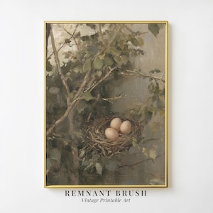 May include: A painting of a bird's nest with three eggs inside. The nest is made of twigs and leaves and is surrounded by green foliage. The background is a soft, muted green.
