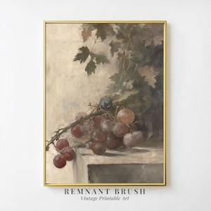 Vintage Grapes Still Life Art Print | Moody Fruit Painting PRINTABLE Rustic Wall Art Cottagecore Kitchen Decor Digital Download
