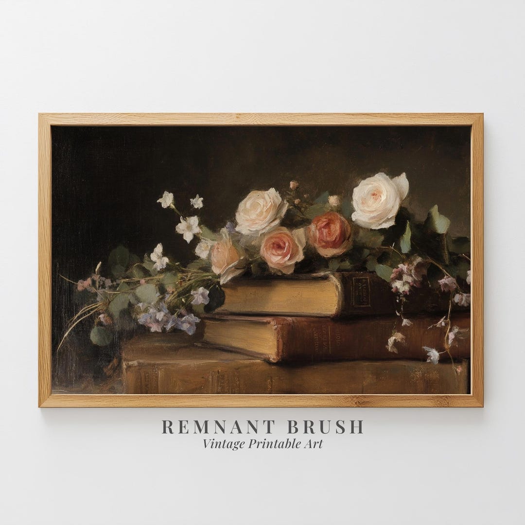 Vintage Floral Still Life With Books | Moody Dark Academia PRINTABLE ...