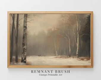 Snowy Birch Forest Landscape Print | Vintage Winter Scene Art Moody Wall Art Woodland PRINTABLE Nature Decor Serene Digital Download