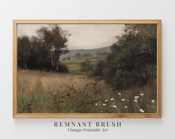 May include: A vintage landscape painting depicting a lush green valley with trees and wildflowers in the foreground. The painting is framed in a light wood frame.