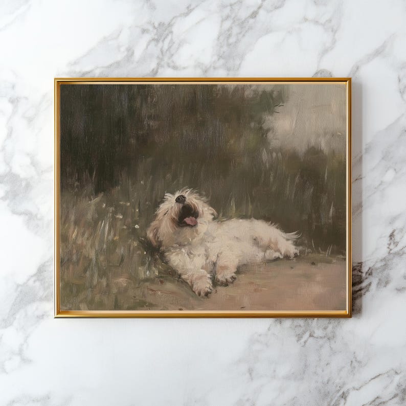 Vintage hund i fält konsttryck | Husdjursporträttmålning UTSKRIVBAR Beige väggkonst Cottagecore-dekor bondgårdstryck digital nedladdning bild 6