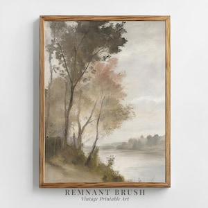 Tranquil Riverbank Landscape | Vintage Nature PRINTABLE Wall Art, Soft Autumn Trees, Rustic Scenic Decor Digital Download